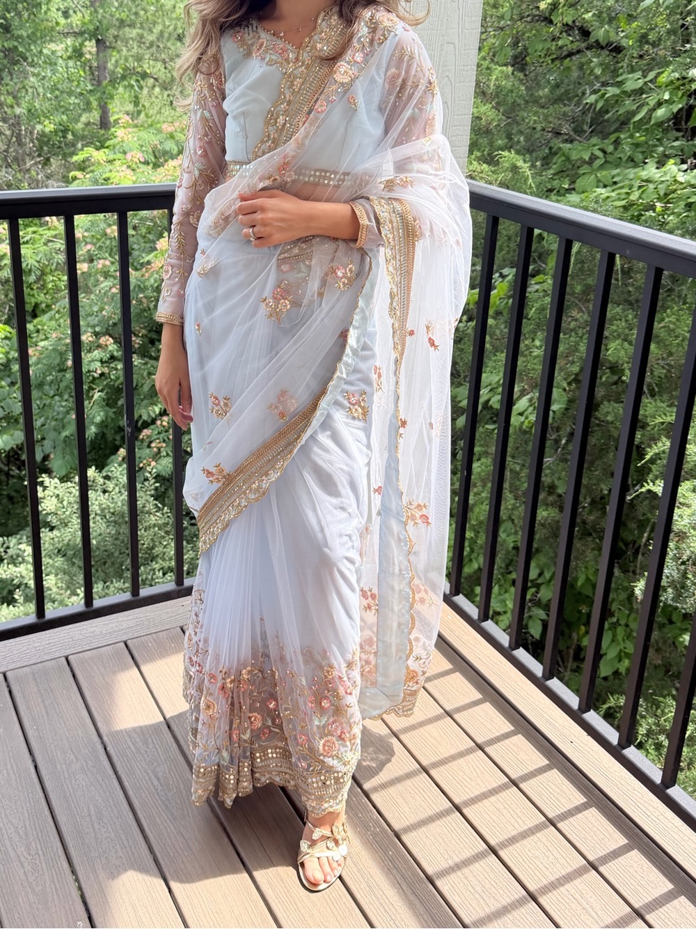 Light Dusty Blue Embroidered Net Saree